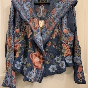 Johnny Was Blue Floral Embroidered Cardigan